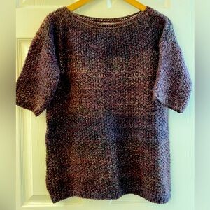 M: Elsa Manda Italy Soft Wool Blend Short Sleeve Knit Sweater Purple Plum/Gold